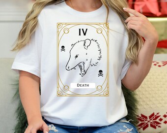 Possum Tarot Card Tee, A Possum Tarot Card shirt that is the Death Card. A funny Possum shirt in the form of a tarot card.