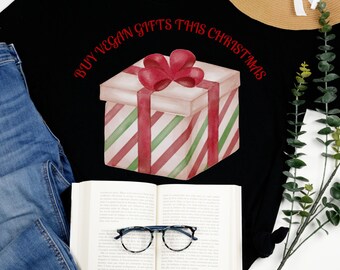 Compra regalos veganos esta Navidad: Camiseta en caja de regalo, linda camiseta navideña para veganos, de origen vegetal, libre de crueldad animal, regalo de Navidad para veganos.
