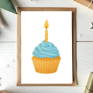 Carte d'anniversaire minimaliste, carte de voeux Cupcake, vierge à l'intérieur A7 imprimable, cupcake aquarelle
