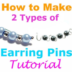 May include: How to Make 2 Types of Earring Pins Tutorial. Two different styles of earring pins are shown, one with light blue beads and silver spacers, and the other with dark grey beads.