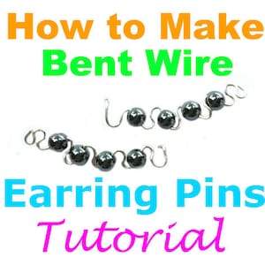 May include: How to Make Bent Wire Earring Pins Tutorial. Two silver earring pins with black beads are shown. The pins are bent into a curved shape.