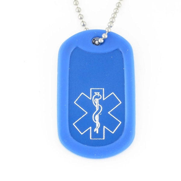 Blue Medical Alert Dog Tag Lightweight Aluminum Medical ID Necklace Diabetic Emergency Pacemaker Seizure Alert   ~ Tahoe Traditional