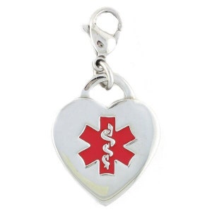 Medical Alert Charm, Clip On Medical ID Charm, Medical Alert Charms Women, Personalized Medic Alert ~ Red Heart Medical ID