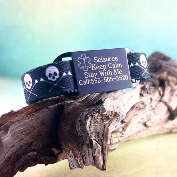 Kids Medical ID Bracelet, Type 1 Diabetes Bracelet, Autism Bracelet, Personalized Kids Medical Alert ~ Skull & Crossbones