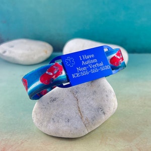 Kids Medical Alert Bracelet, Autism Bracelet, Type 1 Diabetes, Peanut Allergy Bracelet, Any Medical Condition Engraved ~ Race Cars