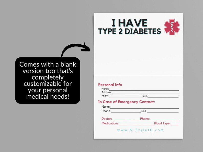 Type 2 Diabetic Card Diabetes Card Medical ID Card Diabetic Etsy