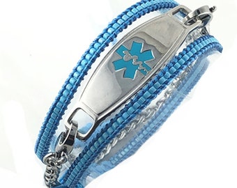 Beaded Women's Medical Alert ID Bracelet - Women's Medical Alert ID Bracelet - Medical Jewelry ~ Sky