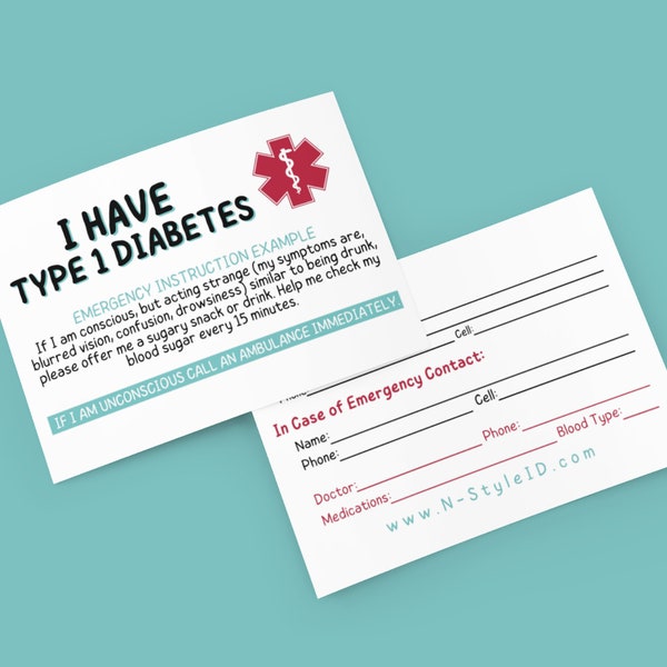 Type 1 Diabetes Card, Diabetes Card, Medical Card, Type 1 Diabetes Printable, Download Editable PDF Card