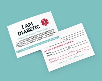 Medical ID Card, Diabetic Wallet Card, Medical ID Card, Editable PDF Medical Card, Instant Digital Download