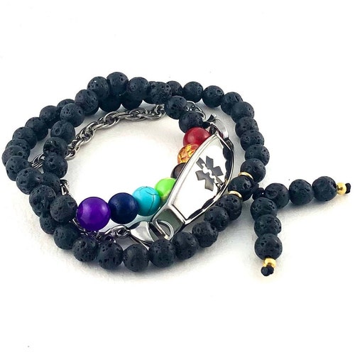 Medical Alert Bracelet Women - Beaded Medical ID Bracelet - Engraved Medical Bracelet - Medical Jewelry - Lava Stone Chakra