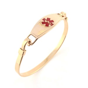 Medical Alert Bracelet Women, Medic Alert Bracelet, Medical ID Bracelet, Easy On and Off Hook Design ~ Yellow Gold Bangle Red Star