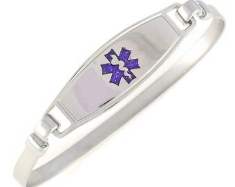 Medical ID Bracelet Women, Seizures Alert, Diabetes, Personalized Emergency Information Laser Engraved ~ Purple Bangle