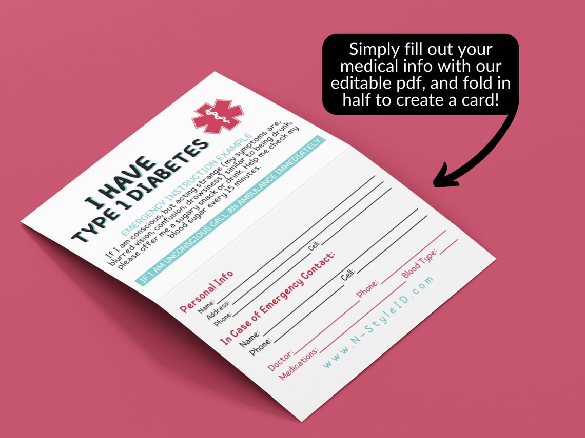 Type 1 Diabetes ID Card Medical ID Card Editable PDF Etsy New Zealand