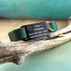 Medical ID Bracelet Kids, Personalized Medical Alert Bracelet, Type 1 Diabetes Bracelet, Autism Bracelet, Any Medical Condition ~ Camo