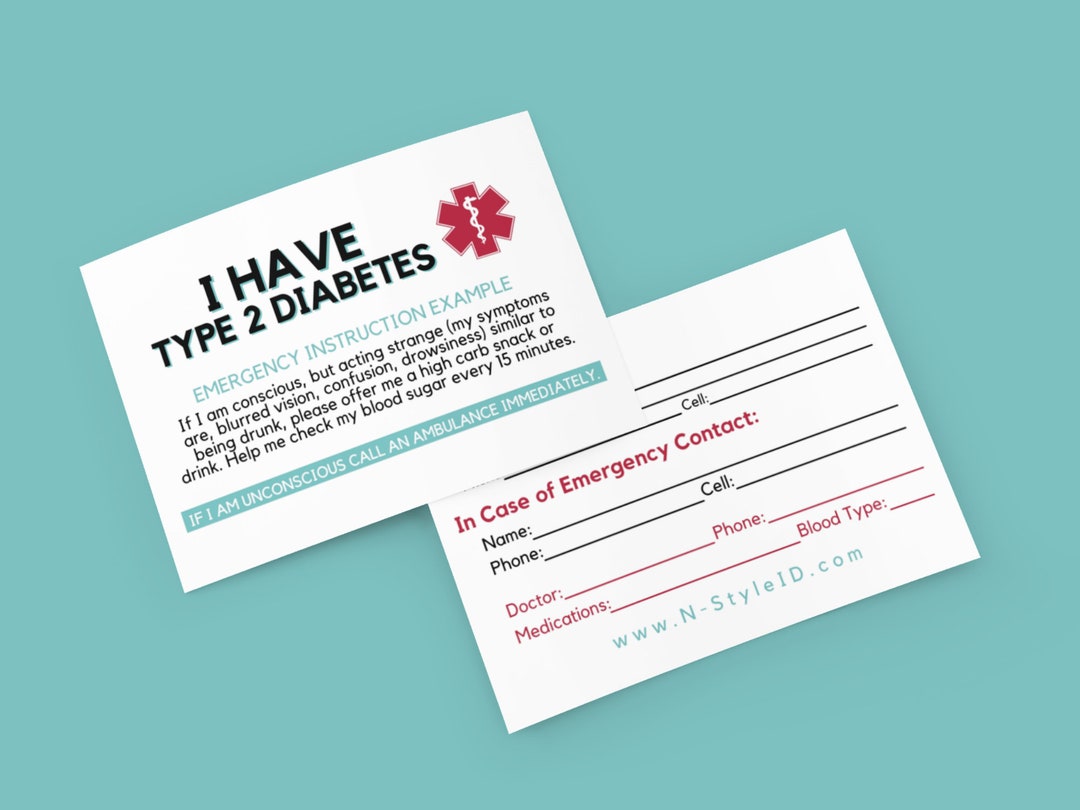 Type 2 Diabetic Card, Diabetes Card, Medical ID Card, Diabetic Wallet