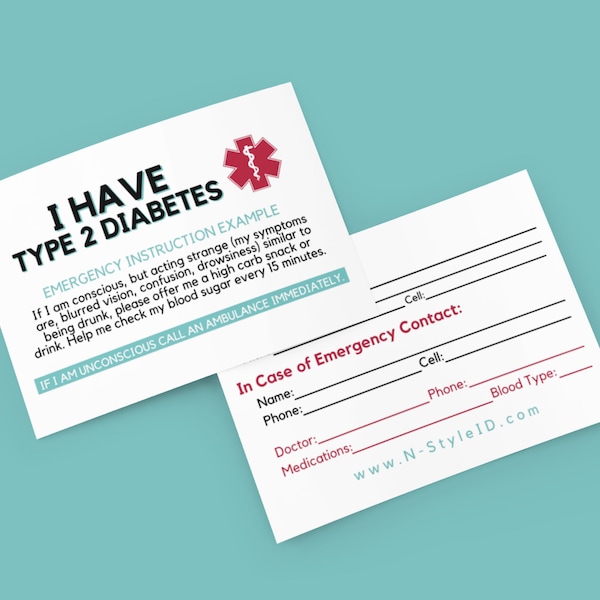 Type 2 Diabetic Card, Diabetes Card, Medical ID Card, Diabetic Wallet Card, Editable PDF Medication Card - Instant Digital Download