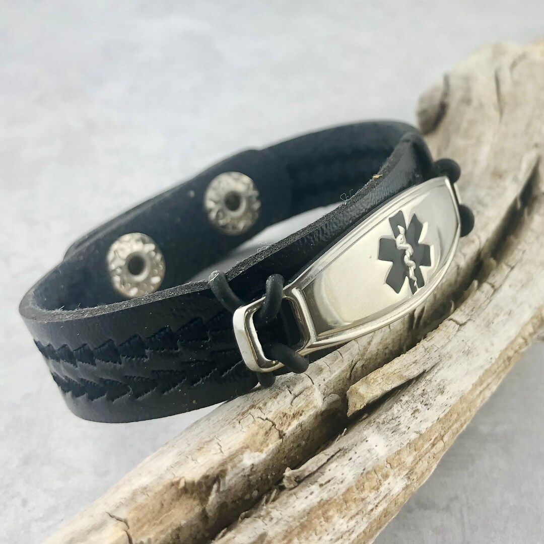 Leather Medical ID Bracelet, Adjustable Vegan PU Leather, Unisex