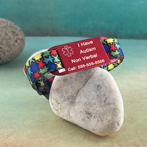 Autism Bracelet, Medical Alert ID Bracelet Kids, Autism Medical Bracelet, Personalized Custom Engraving ~ Puzzle Print