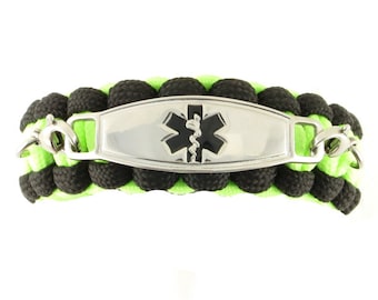 Medical Bracelet - Paracord ID Alert - Medical Jewelry - Glow in the Dark - Green Bracelet with Whistle - Seizure Alert - Autism Bracelet