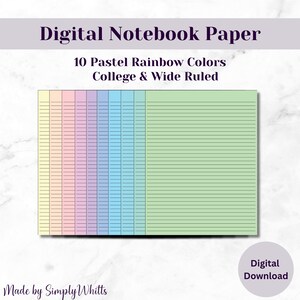 Puede incluir: Papel de cuaderno digital con 10 colores pastel arcoíris, rayado universitario y ancho. La imagen muestra una hoja de papel rectangular dividida en columnas verticales de diferentes colores, incluyendo amarillo, rosa, morado, azul y verde. El texto "Digital Notebook Paper" está en la parte superior.