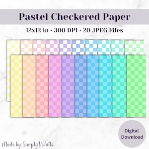 Könnte beinhalten: Eine Sammlung von karierten Papierbögen in Pastellfarben, darunter Gelb, Orange, Rosa, Lila, Blau und Grün. Jedes Blatt misst 30,48 x 30,48 cm. Der Text "Pastel Checkered Paper" und "Digital Download" sind sichtbar.