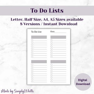 To Do List Printable Template, Blank To Do List, Tasks List, Checklist, US Letter/Half Letter/A4/A5, Instant Download PDF.