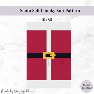 May include: A digital pattern for a Santa suit chunky knit design. The pattern features a red suit with a black belt and a gold buckle. The dimensions are 40x80 inches.