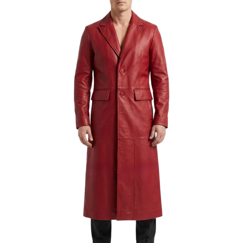 Men's Red Sheep Leather Trench Coat - Two Button Closure Long Blazer Style Overcoat - Casual Party Cocktail Travel Wear - Gift For Him