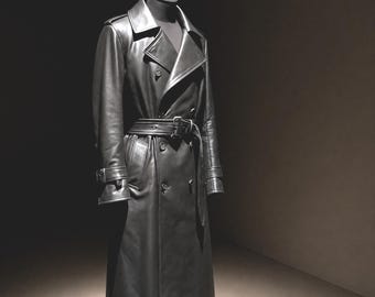 Men's Black Cowhide Long Leather Trench Coat - Vintage Double breasted Overcoat - Belted Slim-Fit Casual Party Cocktail - Gift For Him