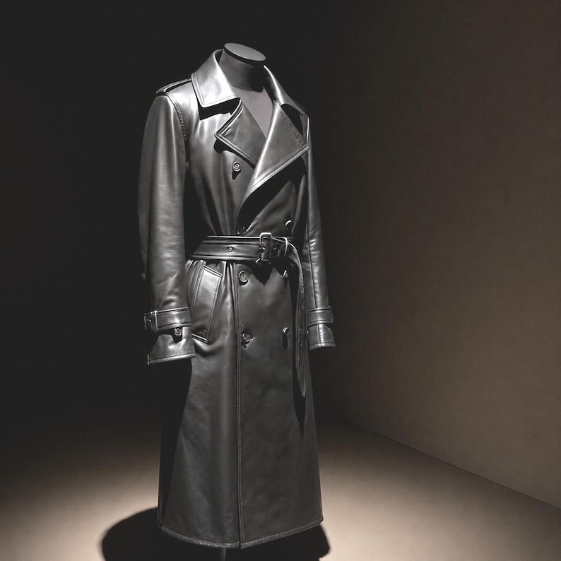 Men's Black Cowhide Long Leather Trench Coat - Vintage Double breasted Overcoat - Belted Slim-Fit Casual Party Cocktail - Gift For Him
