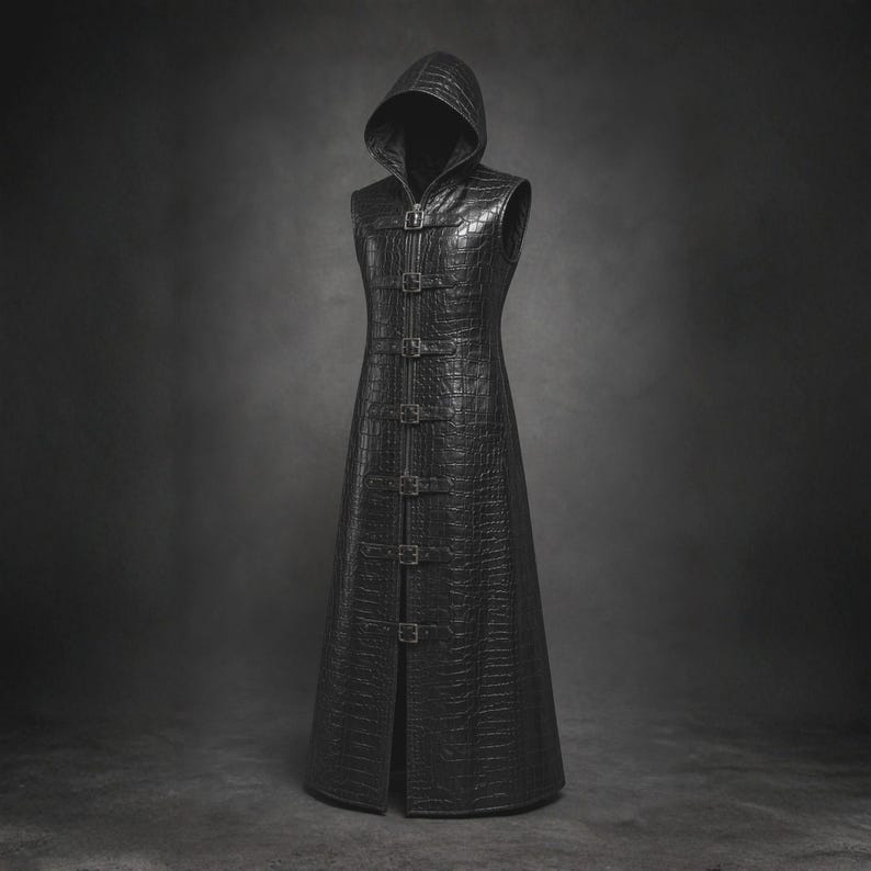 Men's Black Crocodile Embossed Cowhide Leather Trench Coat - Sleeveless Hooded Steampunk Gothic - Halloween Cosplay Costume - Gift For Him