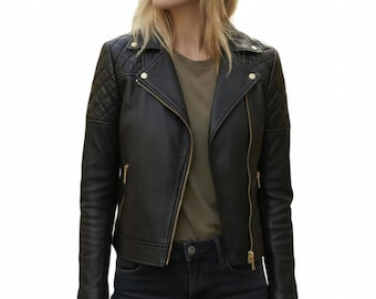 Women's Black Golden Hardware Lambskin leather jacket - Motorcycle Moto Biker Outfit - Quilted Padded Casual, Party, Cocktail - Gift For Her