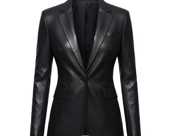 Women's Lambskin leather Blazer - One Button Closure Coat - Wedding Formal Office Business Waistcoat - Casual Party Cocktail - Gift For Her