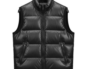 Lambskin/Faux Leather Puffer Vest - Winter's Warm Outfit - Black, Brown, White, Red, Blue, Tan Vest - Casual Party Cocktail - Gift For Him