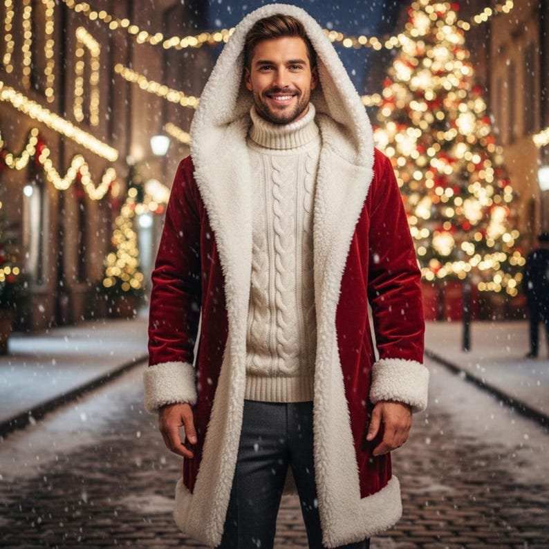 Men's Santa Claus Red Hooded Velvet Trench Coat - White line Holidays Outfit - Xmas Cosplay Costume - Christmas Winter's Wear - Gift For Him