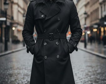 Trench long en coton noir pour hommes - Croisé longueur genou avec ceinture - Vêtements d'extérieur décontractés, soirées, cocktails, voyages - Cadeau pour lui