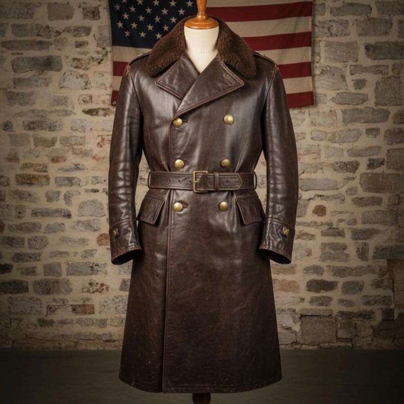 Men's Brown US Army Cowhide leather Trench Coat - Stand Collar Vintage Style Long Military Outerwear - Casual, Party Outfit - Gift For Him