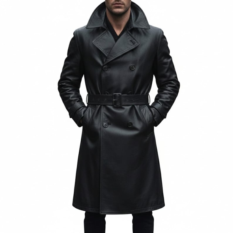 Men's Black Cowhide Leather Trench Coat - Double breasted Belted Long Overcoat - Winter's Casual Party Cocktail Outfit Gift For Him
