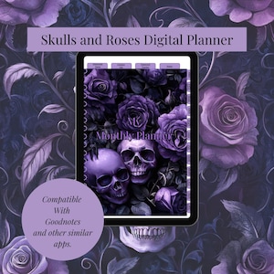 Può includere: Un'agenda digitale con un design floreale e teschio viola scuro. La copertina dell'agenda presenta due teschi circondati da rose viola. Il testo "Skulls and Roses Digital Planner" è in alto. Compatibile con Goodnotes e altre app simili.