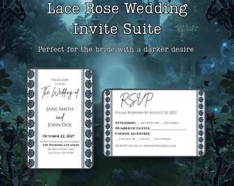 Conjunto de invitaciones de boda góticas / Rosa de encaje, Reserva la fecha, Confirmación de asistencia (Descarga digital)