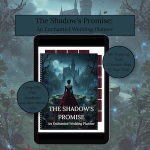 Può includere: Un wedding planner digitale intitolato "The Shadow's Promise: An Enchanted Wedding Planner" visualizzato su un tablet. La copertina presenta una donna in abito rosso davanti a un castello. Include oltre 80 strumenti di pianificazione, 10 sezioni e 97 pagine. Compatibile con Goodnotes.