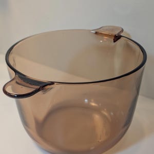 May include: A brown glass bowl with two handles. The bowl has a rounded shape and a dark rim. The handles are small and curved. The bowl is made of a transparent material.