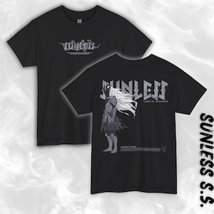 May include: Two black t-shirts with white graphics. One shirt features the word "SUNLESS" in a stylized font. The other shirt has a graphic of a figure with long white hair and the words "SUNLESS LORD OF SHADOWS".