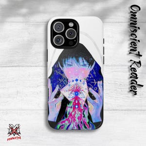 Könnte beinhalten: Weißes Handycase mit einer farbenfrohen Illustration im Anime-Stil. Das Design zeigt eine Figur mit blauen Haaren und einer weißen Kapuze, die eine geometrische Form hält. Der Text "Omniscient Reader" ist vertikal aufgedruckt.