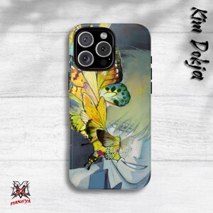 May include: A phone case with a vibrant butterfly design overlaying a manga-style illustration of a person. The case has a black border and a glossy finish. The text "Kim Dokja" is written vertically on the right side.