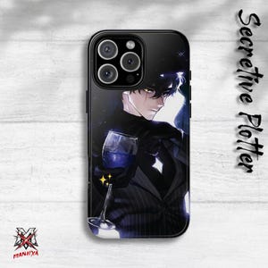 May include: Black phone case with an anime-style illustration of a person holding a wine glass. The artwork has a dark, mysterious theme with a starry background. The case has a glossy finish and a black border. The text "Secretive Plotter" is on the right side.