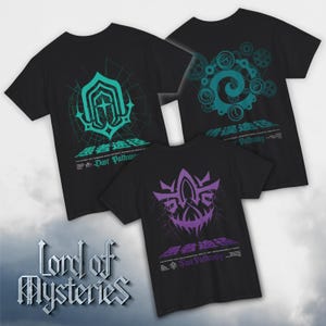 May include: Three black t-shirts with graphic designs. One shirt features a teal emblem with the text "Dør Pathway". Another has a teal gear and clock design with "Pathway" text. The third shirt displays a purple emblem with "Føi Pathway" text. The phrase "Lord of Mysteries" is at the bottom.