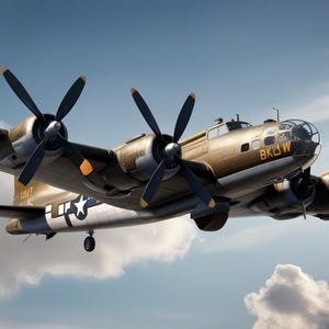 Puede incluir: Un avión bombardero B-17 vintage, de color verde oliva y marrón, con una estrella blanca en el lateral y el texto "BKJW" en la nariz. El avión vuela en un cielo azul con nubes blancas.