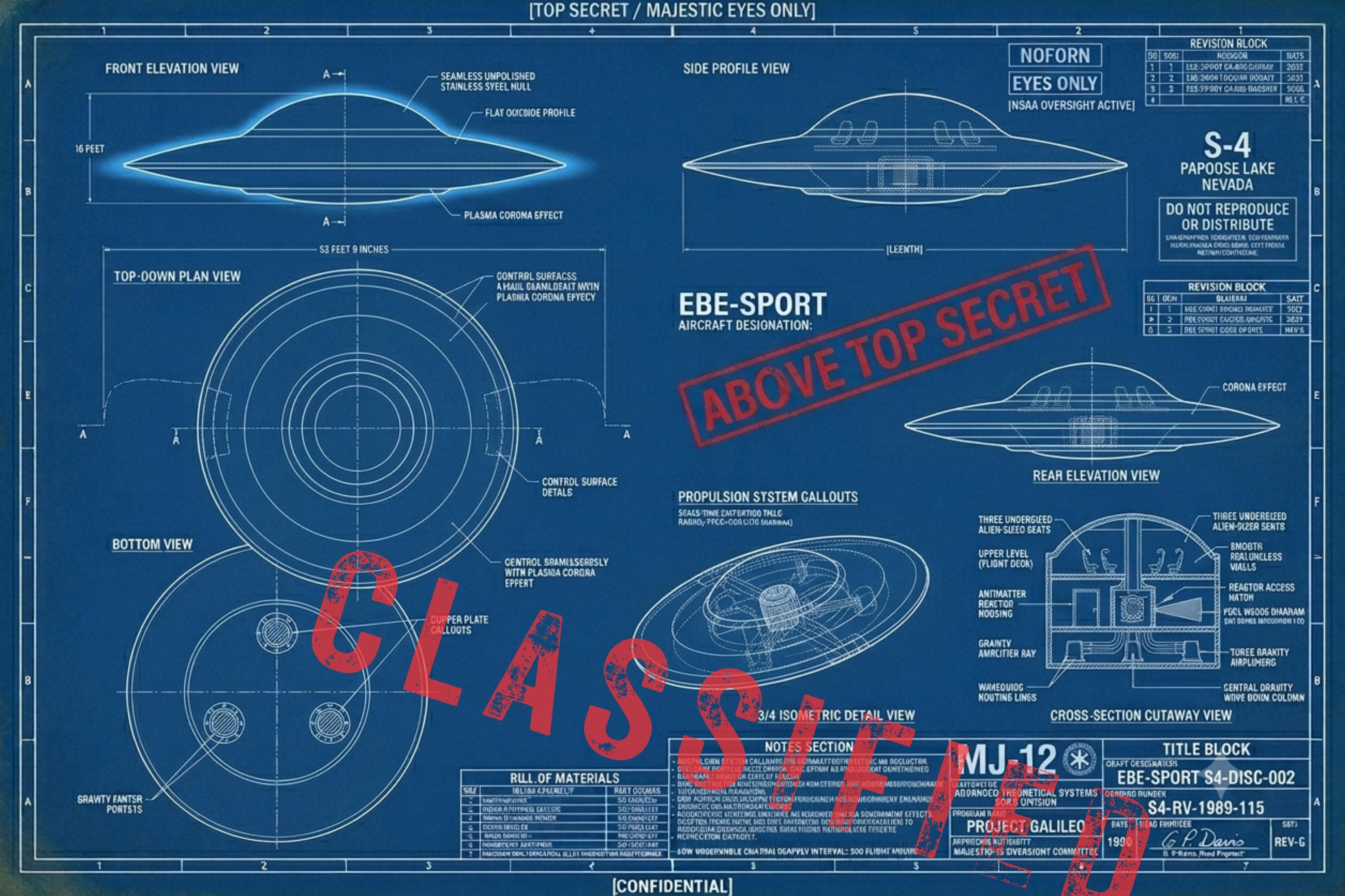 S4 Sport Model UFO Blueprint Print, Area 51 Flying Saucer