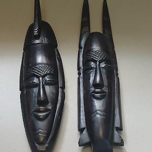 Vintage African Wood Mask Pair: Ethnic Wall Decor Sculpture